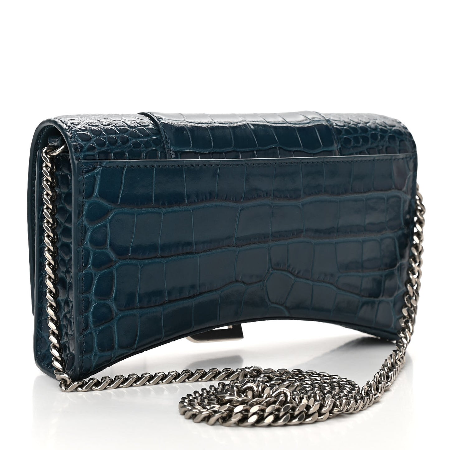 Shiny Calfskin Crocodile Embossed Hourglass Chain Bag Dark Petrol Blue