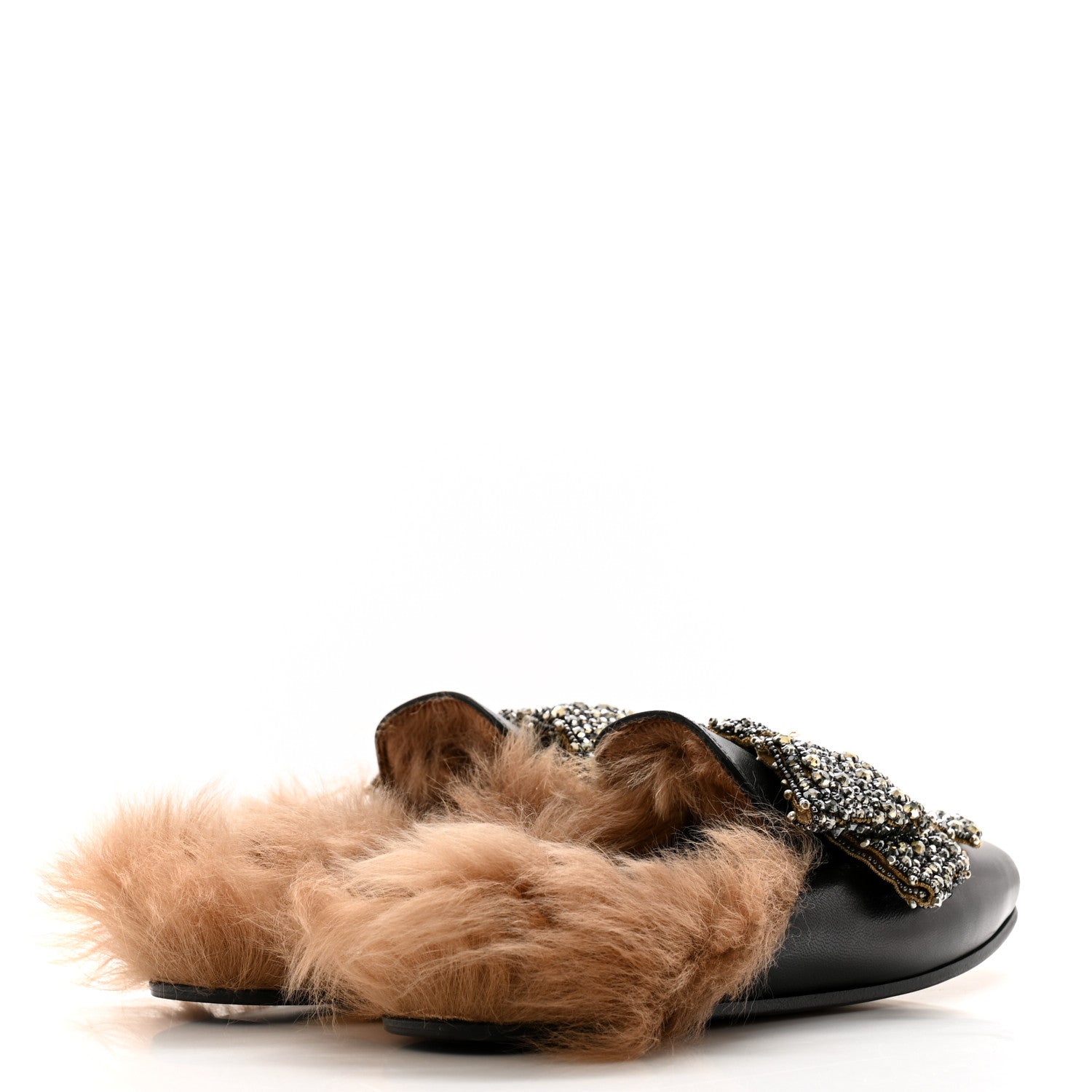 Gucci Malaga Kid Fur Crystal Bow Embroidered Womens Princetown Slippers 37.5 Black 4 of 8
