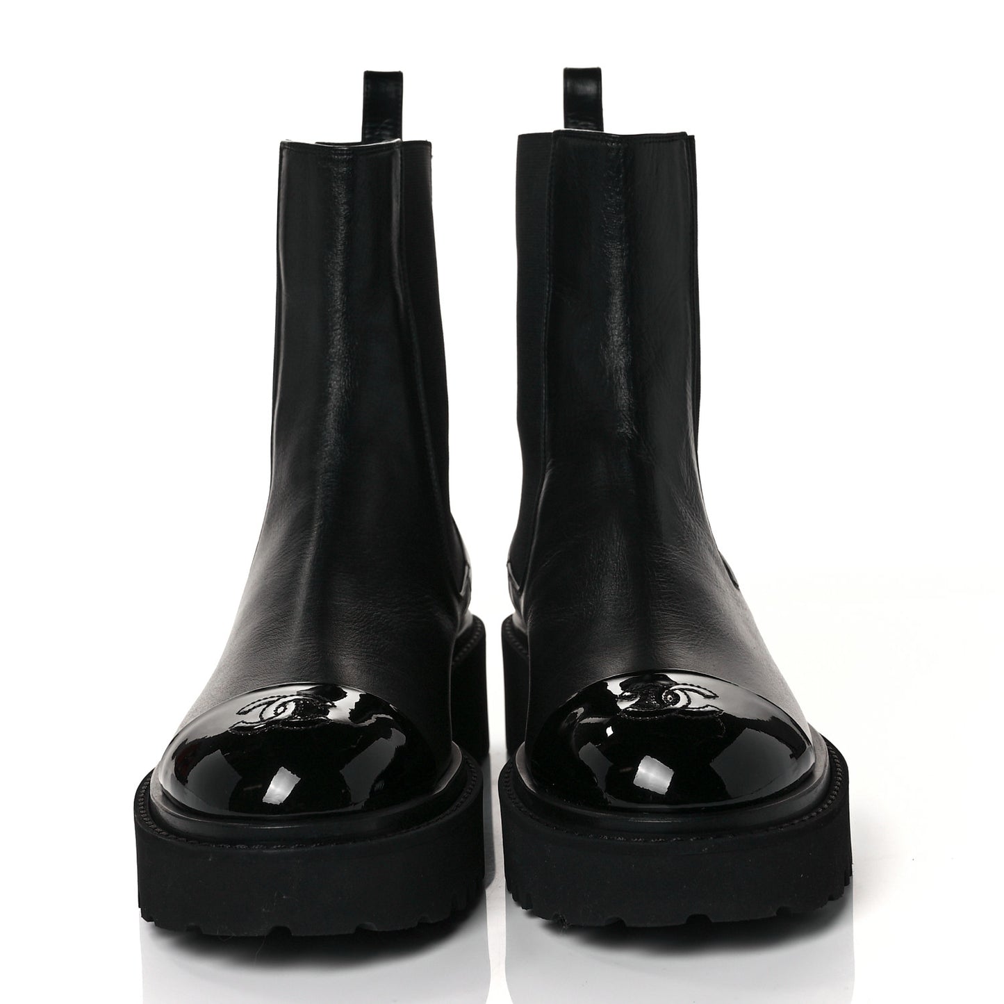 Crumpled Calfskin Patent Cap Toe Short Boots 39.5 Black
