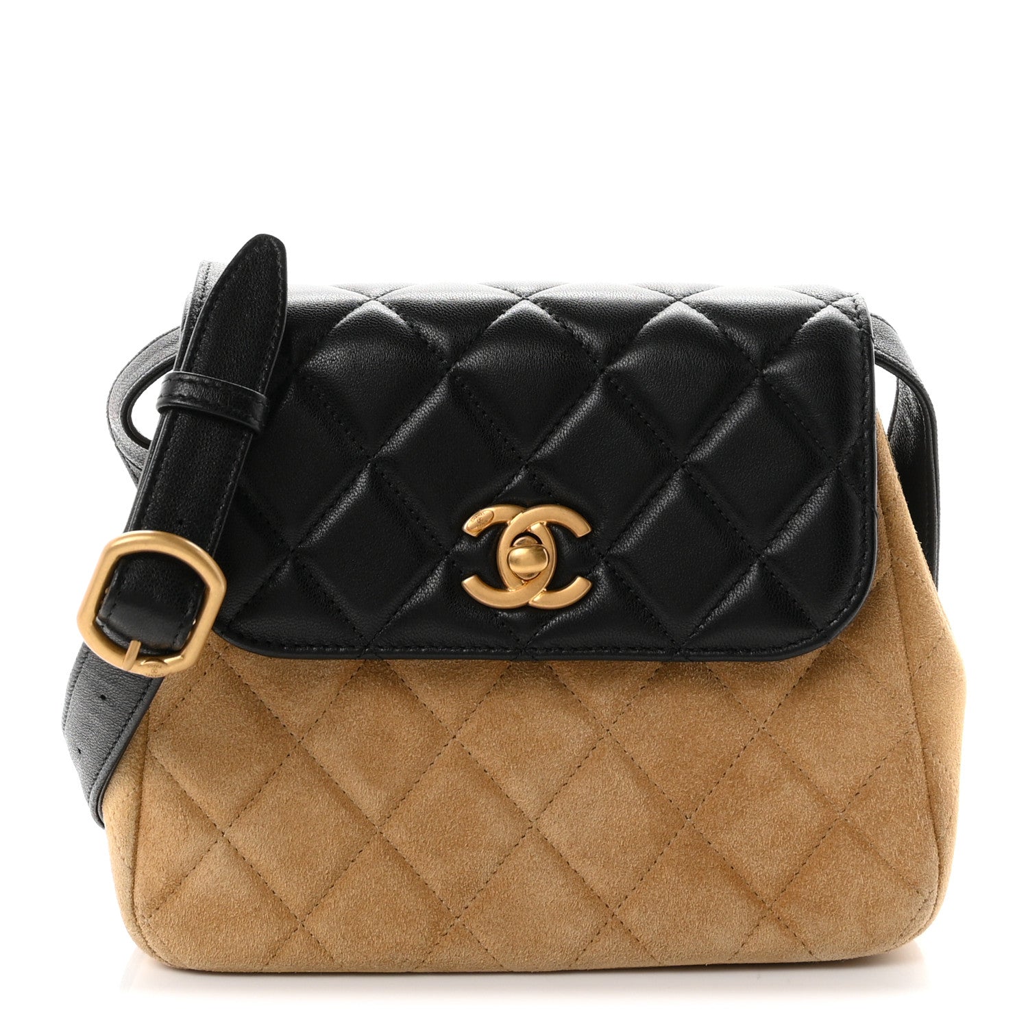Chanel Suede Shiny Lambskin Quilted Crossbody Flap Black Beige 1 of 9