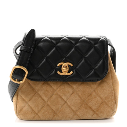 Chanel Suede Shiny Lambskin Quilted Crossbody Flap Black Beige 1 of 9