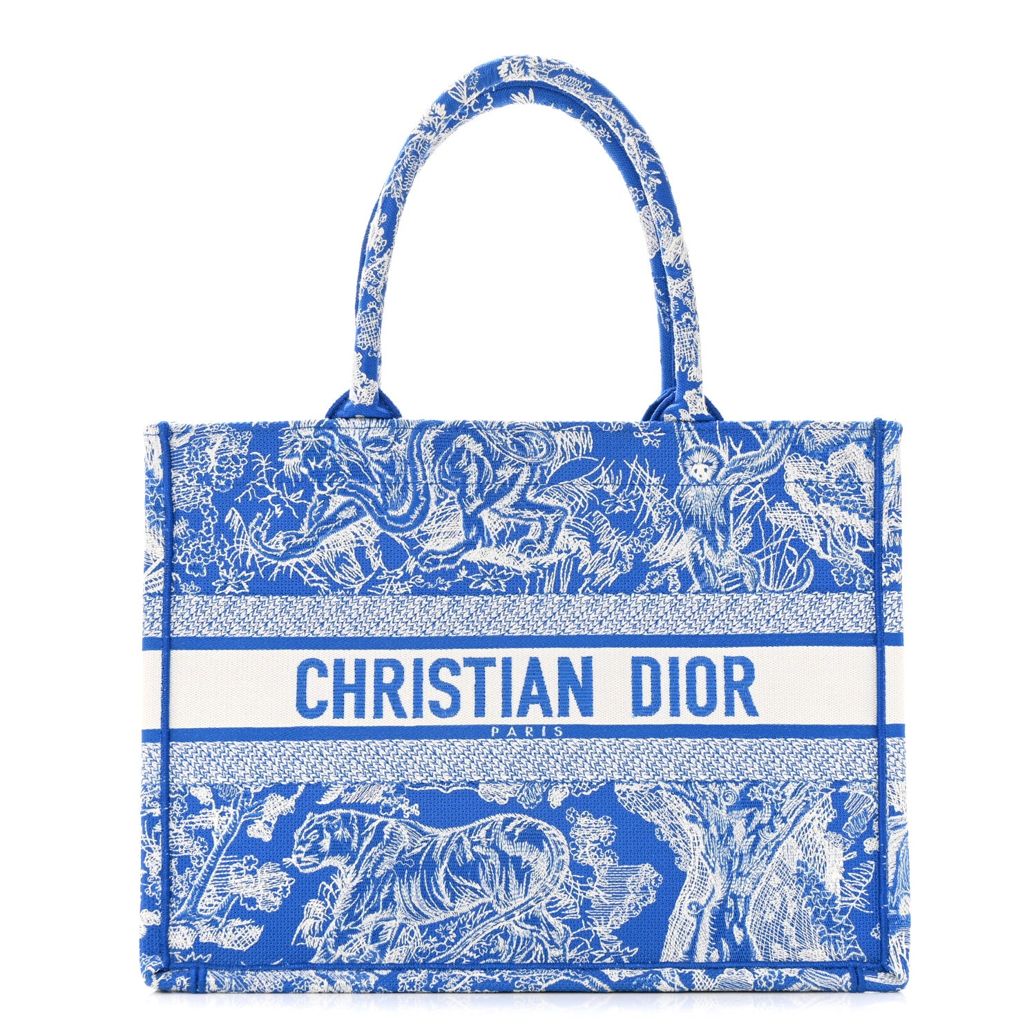 Christian Dior Canvas Embroidered Medium Dioriviera Toile De Jouy Book Tote Fluorescent Blue 1 of 12