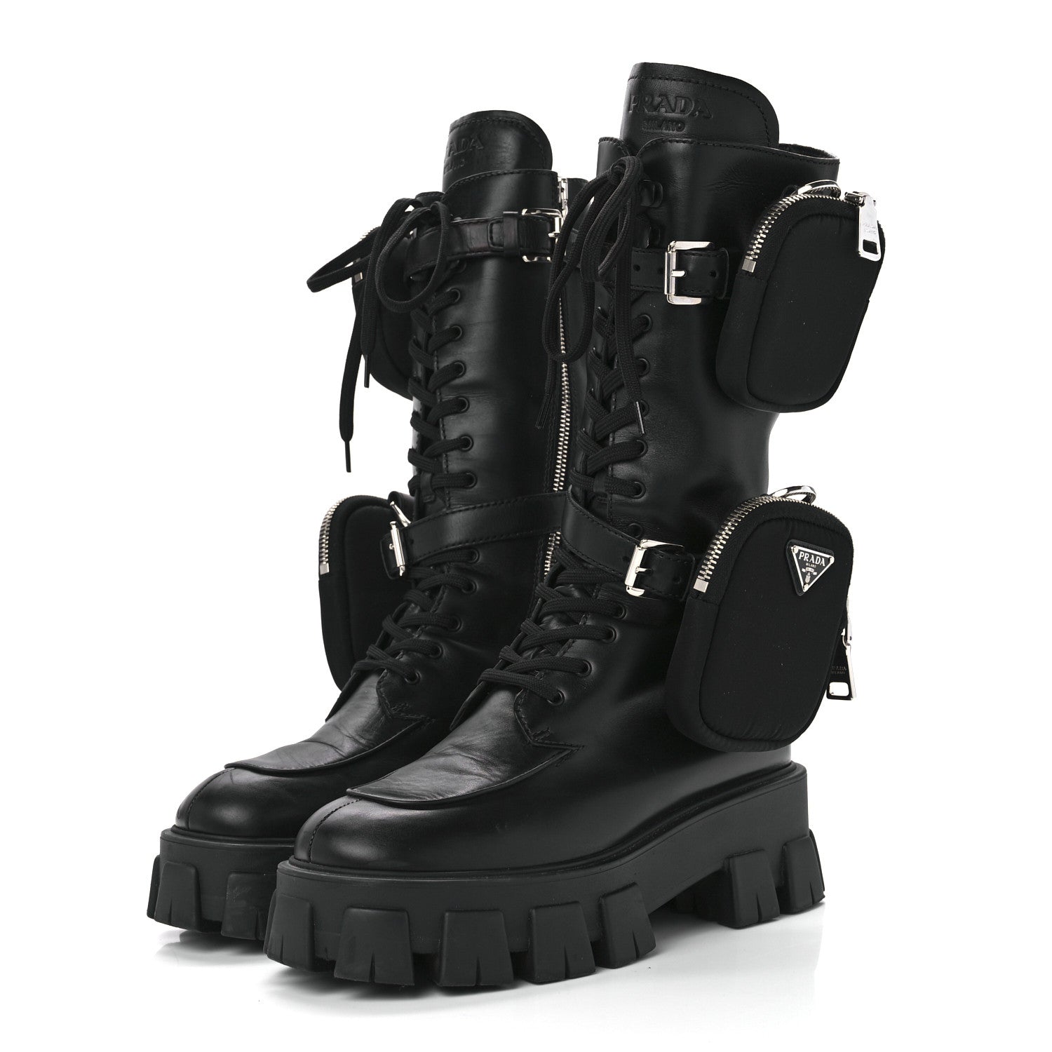 Prada Vitello Lux Nylon Metal Triangle Logo Monolith Pouch Pocket 55mm Tall Combat Boots 39 Black 3 of 7