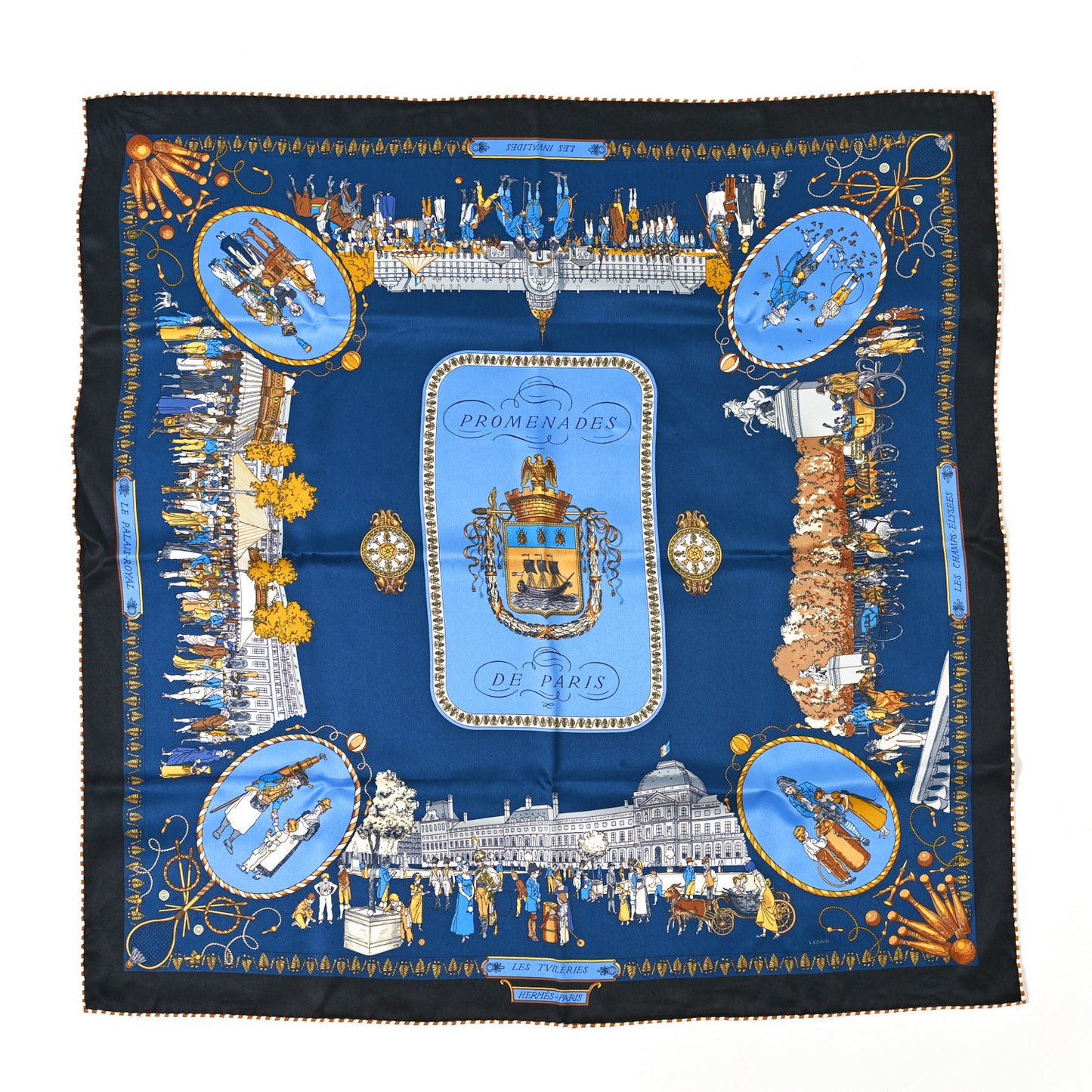 Silk Promenades de Paris Scarf 70 Black Marine Bleu