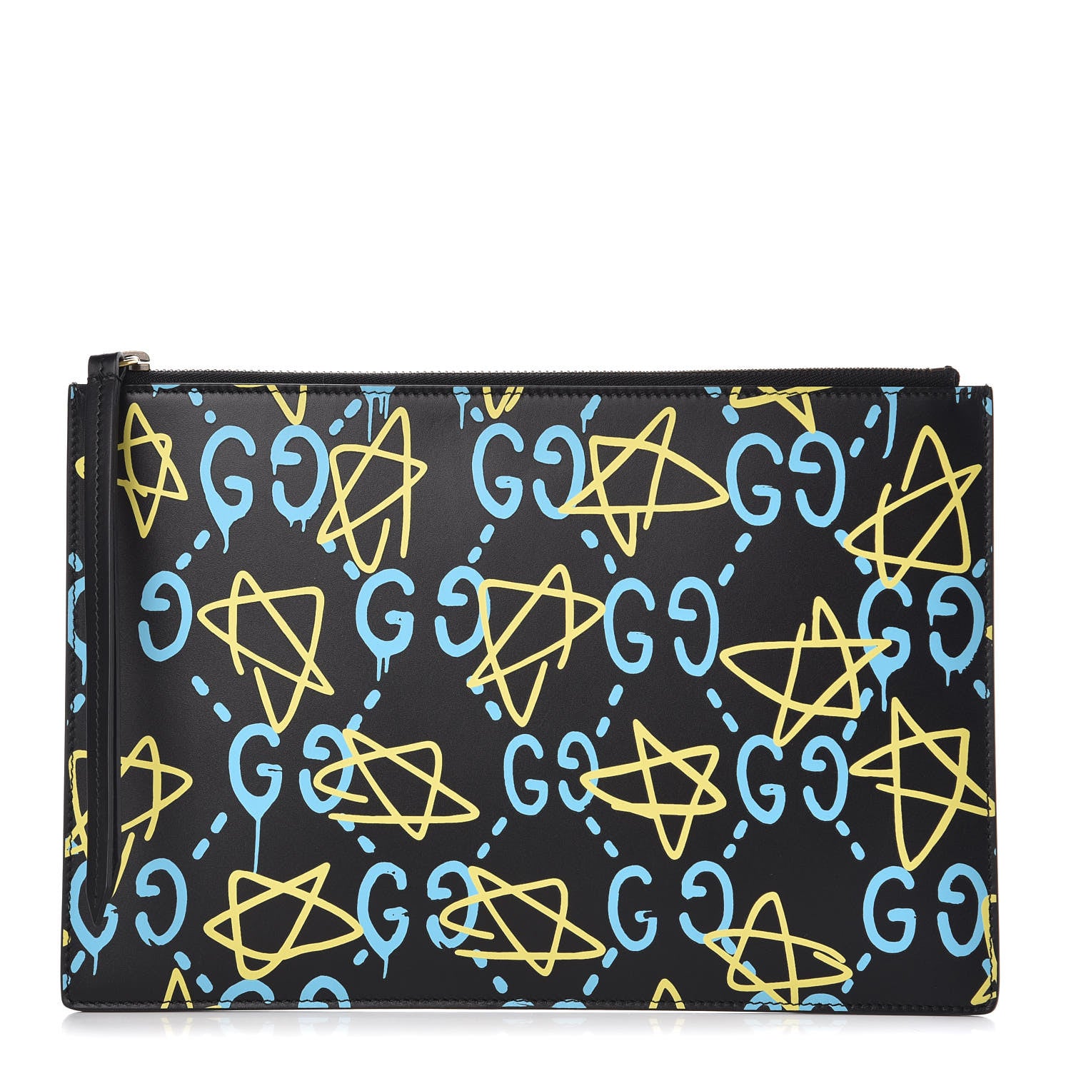 Gucci Calfskin GucciGhost Print Pouch Black New Acquamarine 1 of 8