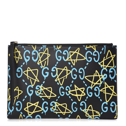 Gucci Calfskin GucciGhost Print Pouch Black New Acquamarine 1 of 8