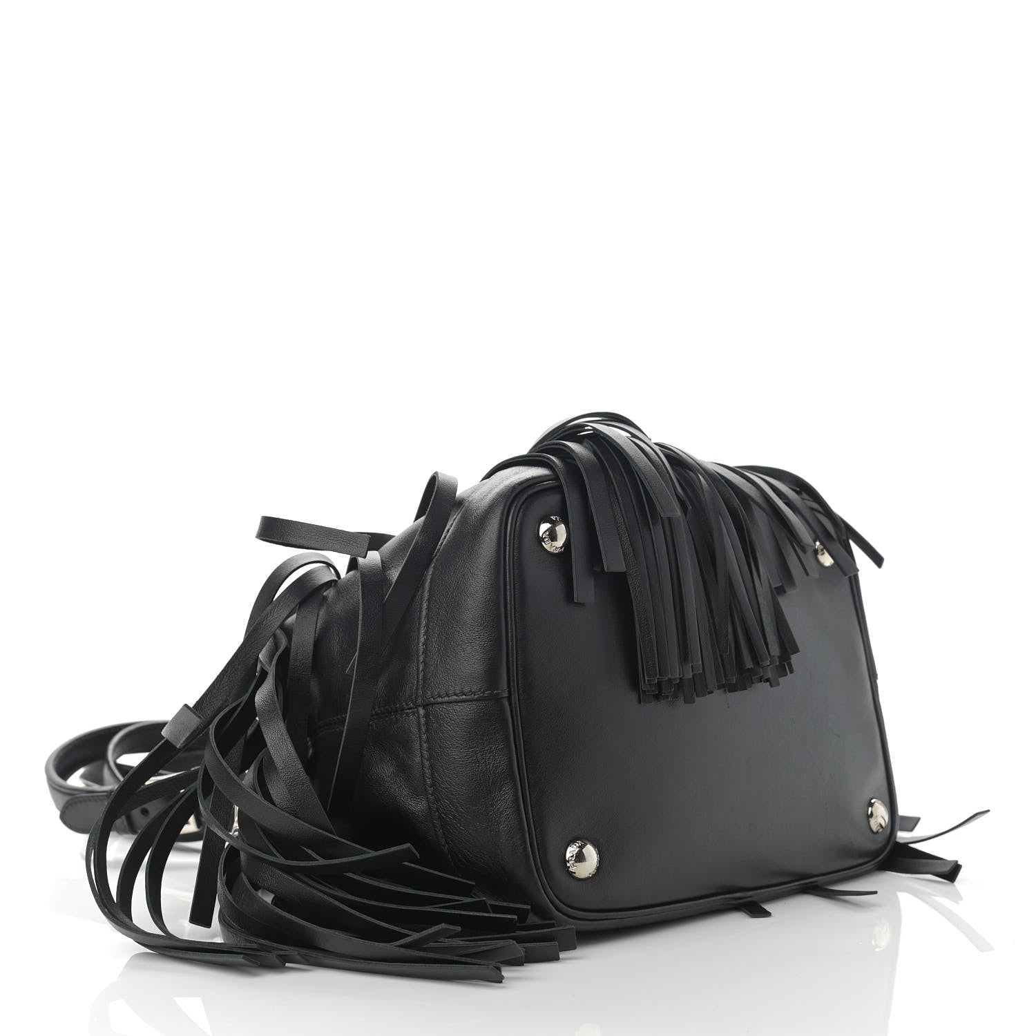 Prada Soft Calfskin Fringe Bucket Bag Black 4 of 16