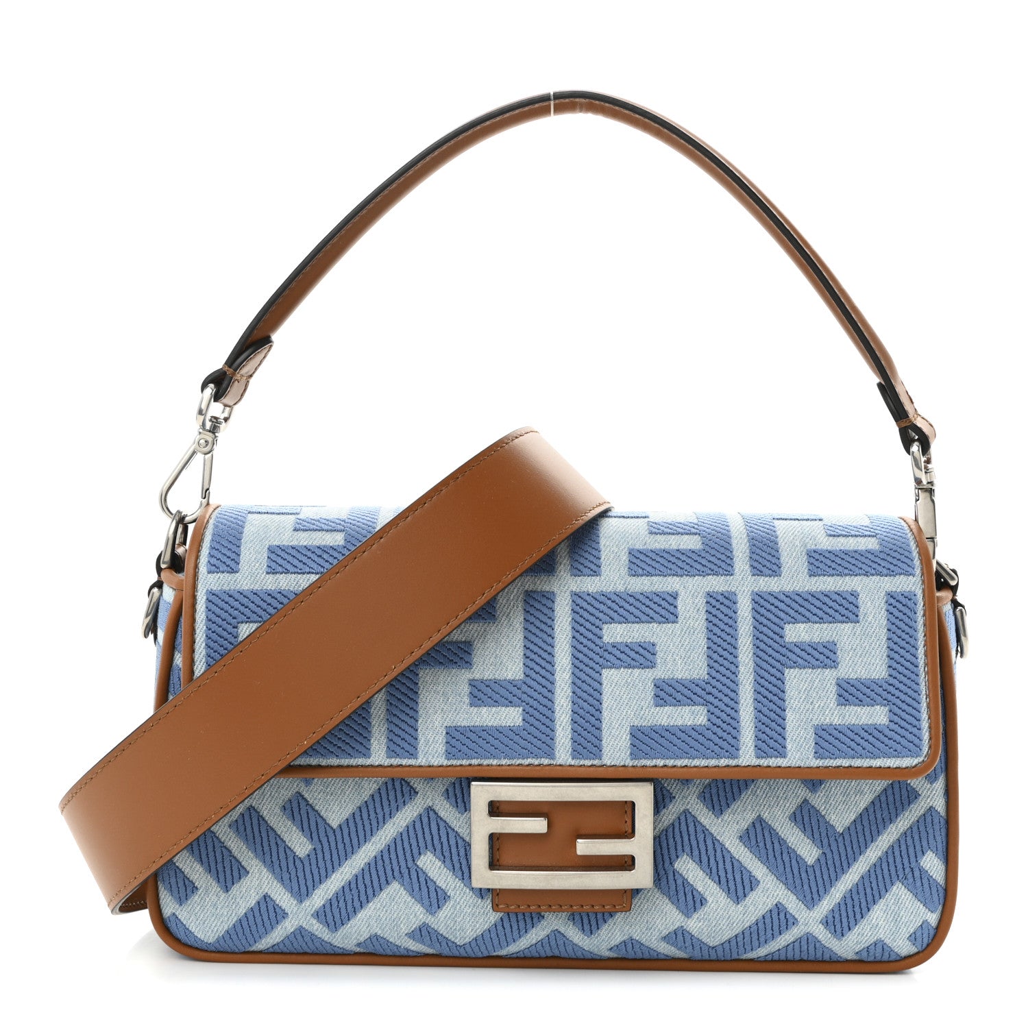Fendi Denim Vitello King FF Embroidered Baguette Denim Chiaro Brandy 1 of 8