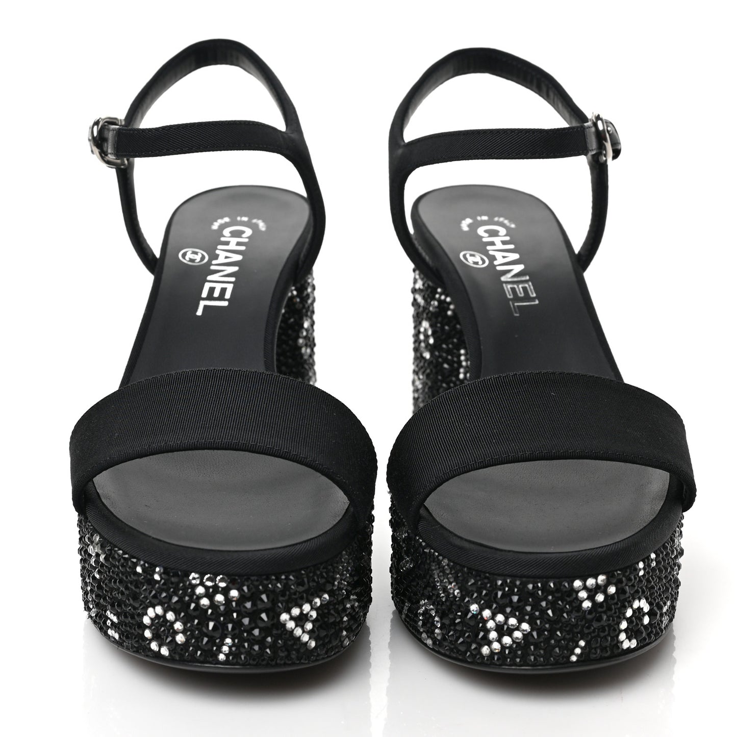 Grosgrain Strass Logo Platform Sandals 37.5 Black Silver
