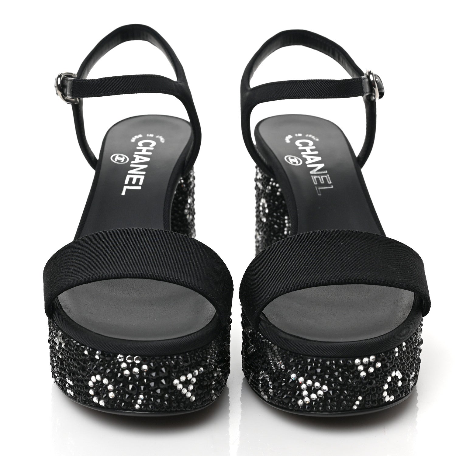 Chanel Grosgrain Strass Logo Platform Sandals 37.5 Black Silver 2 of 9