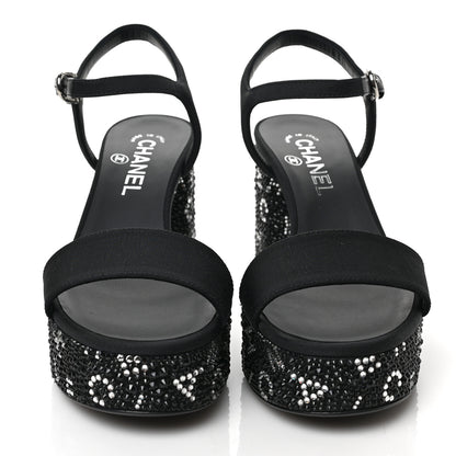 Chanel Grosgrain Strass Logo Platform Sandals 37.5 Black Silver 2 of 9