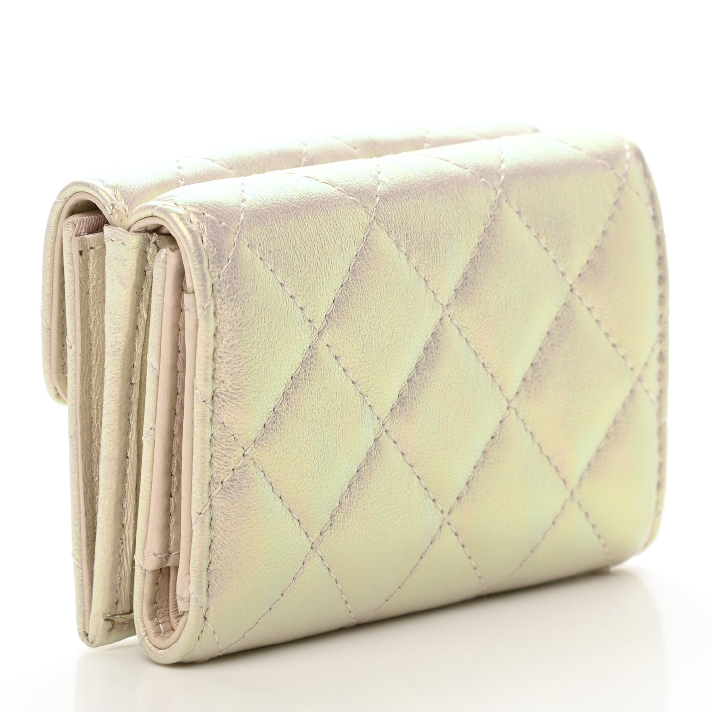 Iridescent Lambskin Quilted Double Flap Wallet Ivory
