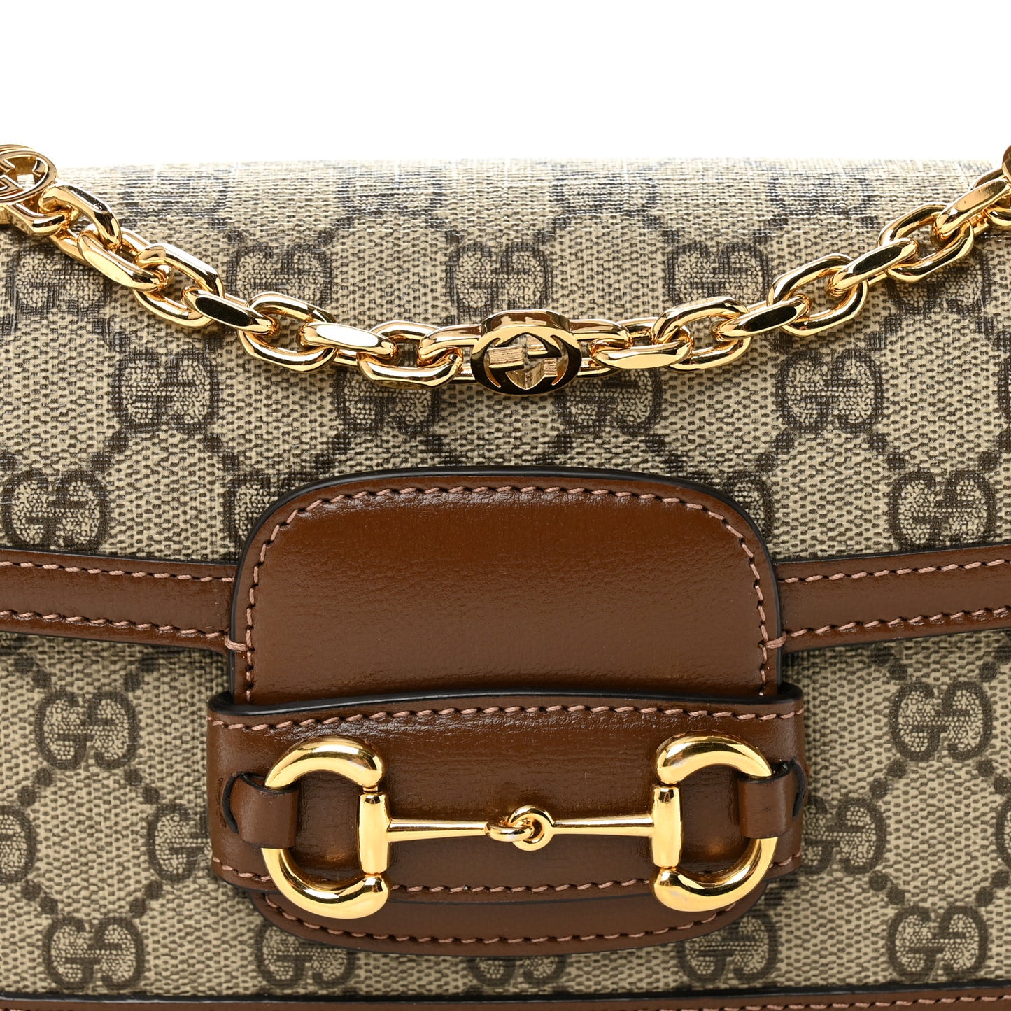 GG Supreme Monogram Small Horsebit 1955 Chain Shoulder Bag Beige Ebony Brown Sugar