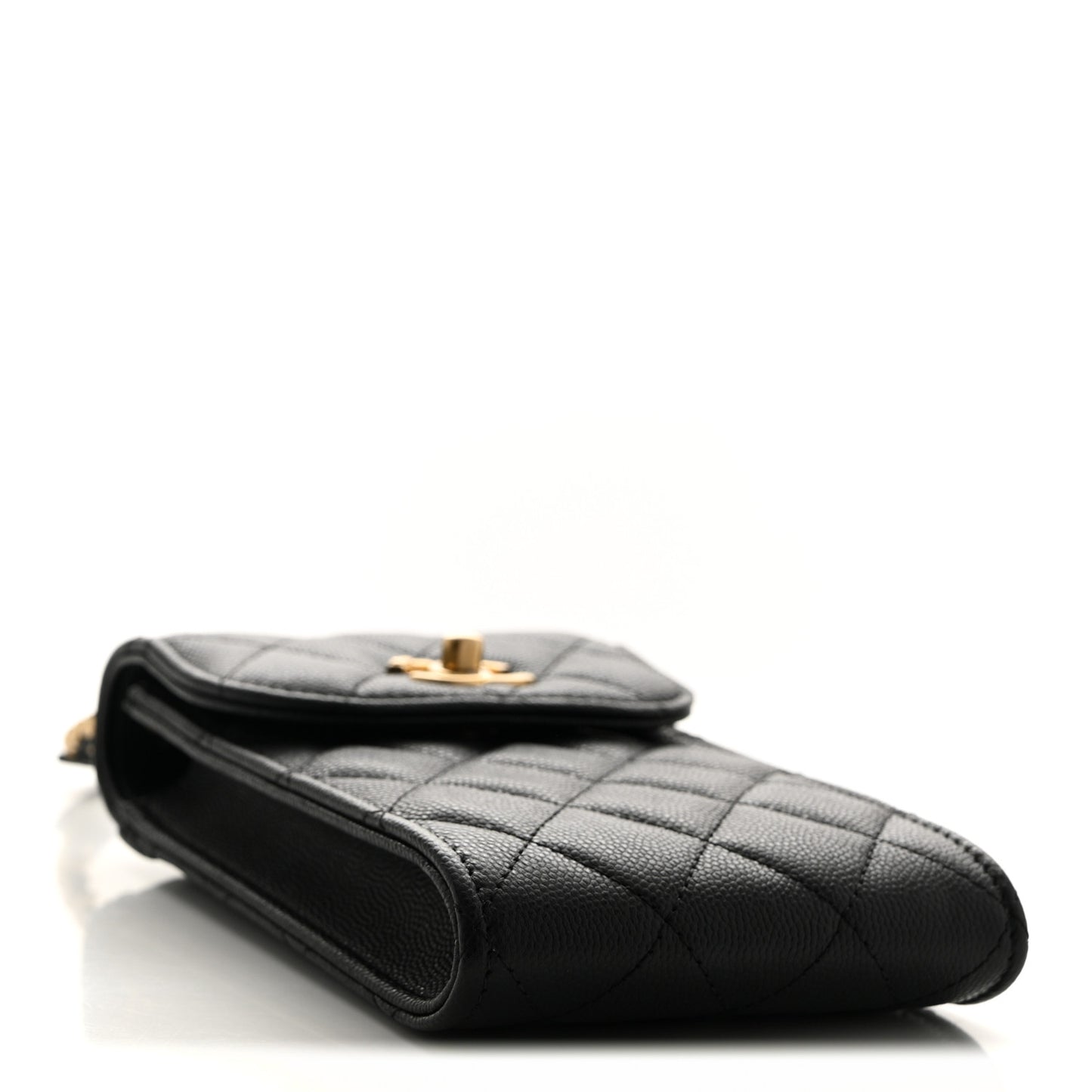 Caviar Quilted Chain Handle Round Phone Holder Black