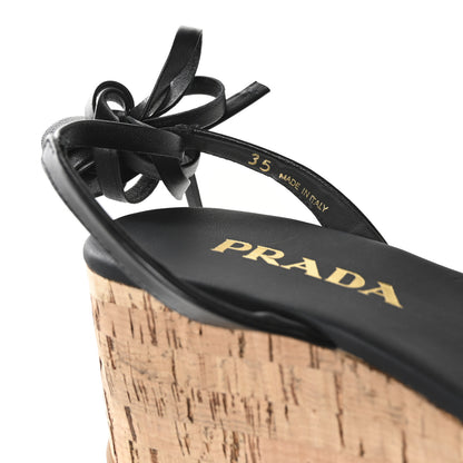 Prada Raffia Cork Triangle Crochet Ankle Strap Platform 75mm Sandals 35 Black 7 of 9