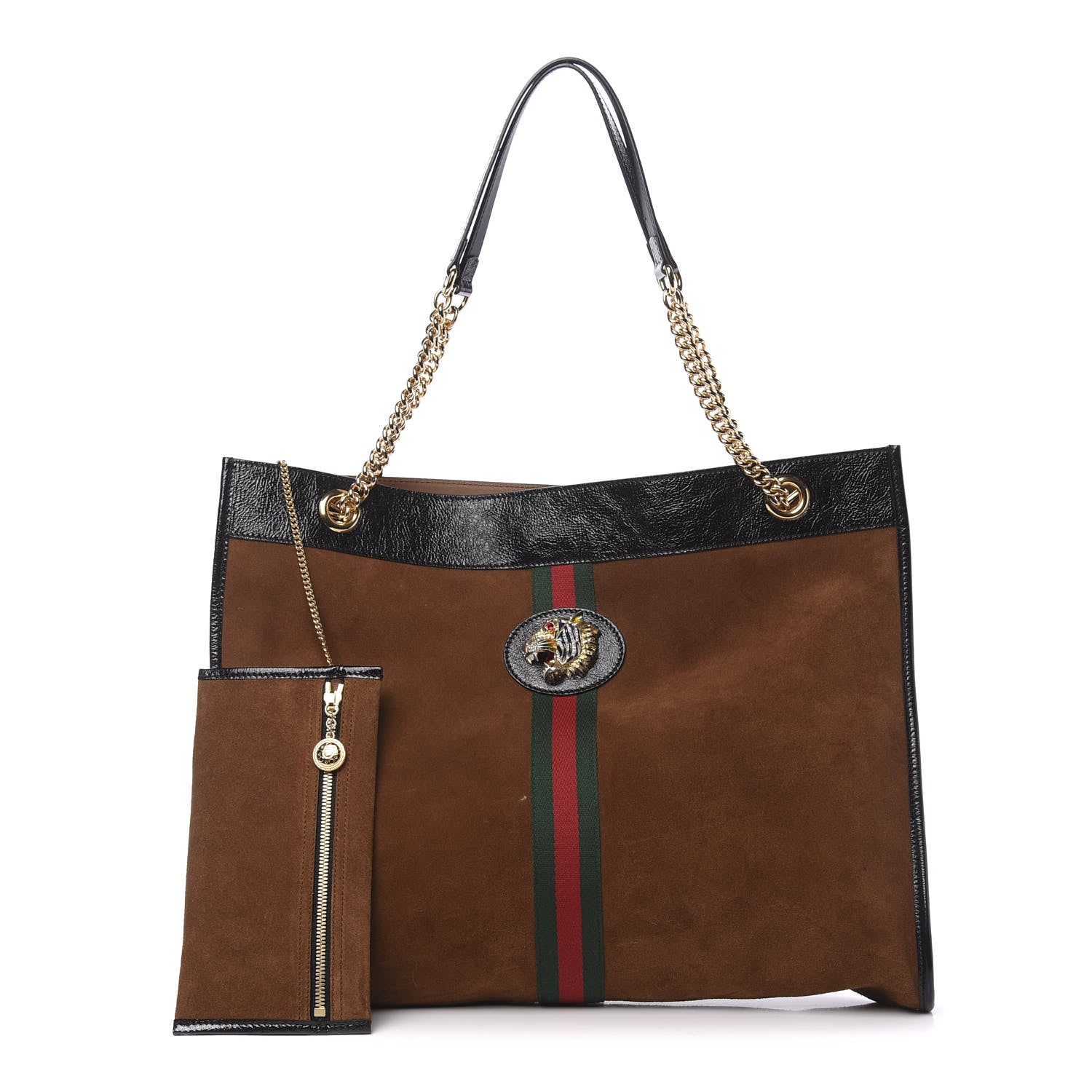 Gucci Suede Patent Large Rajah Chain Tote Nocciola Black 1 of 12