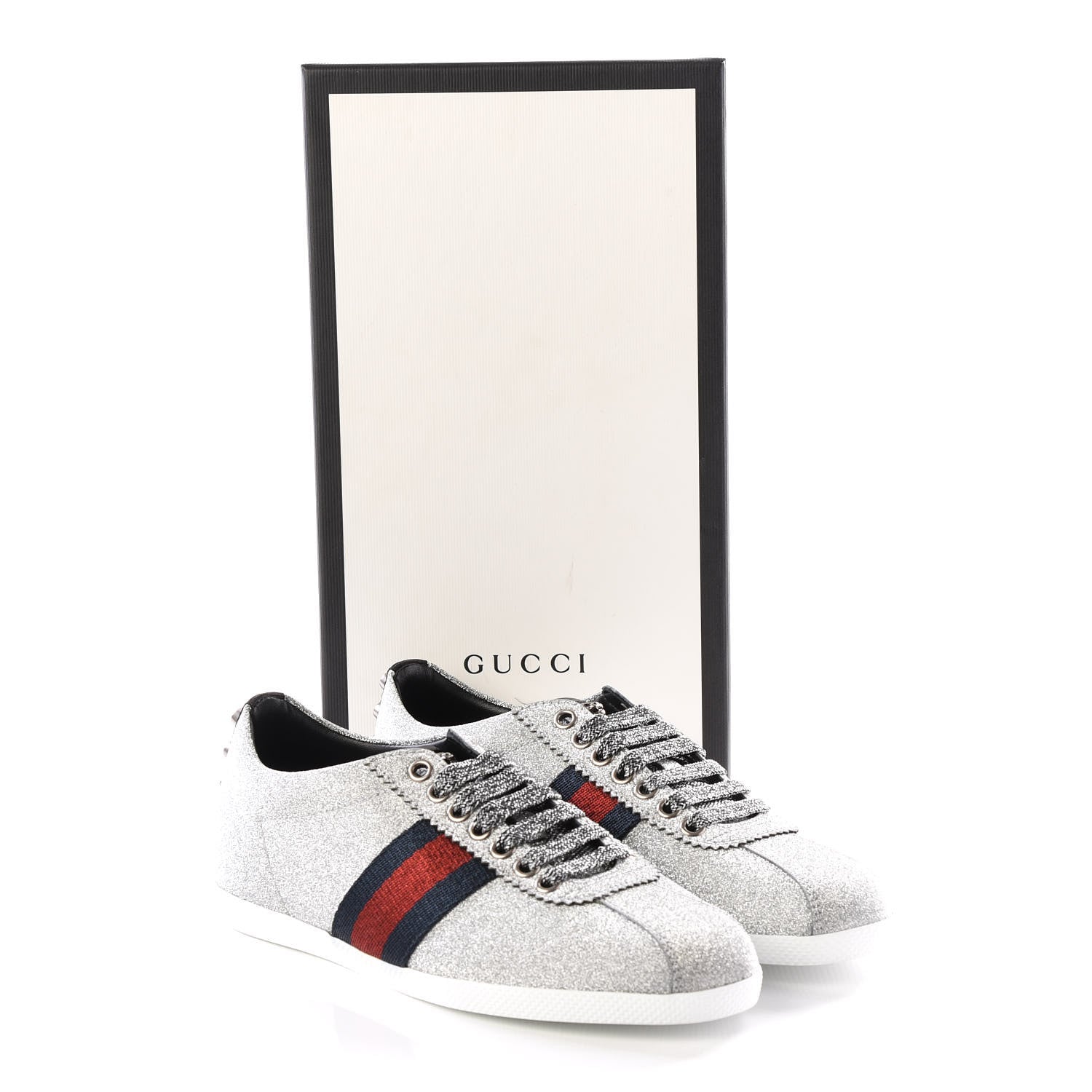 Gucci Glitter Fabric Studded Web Sneakers 36 Silver 8 of 8