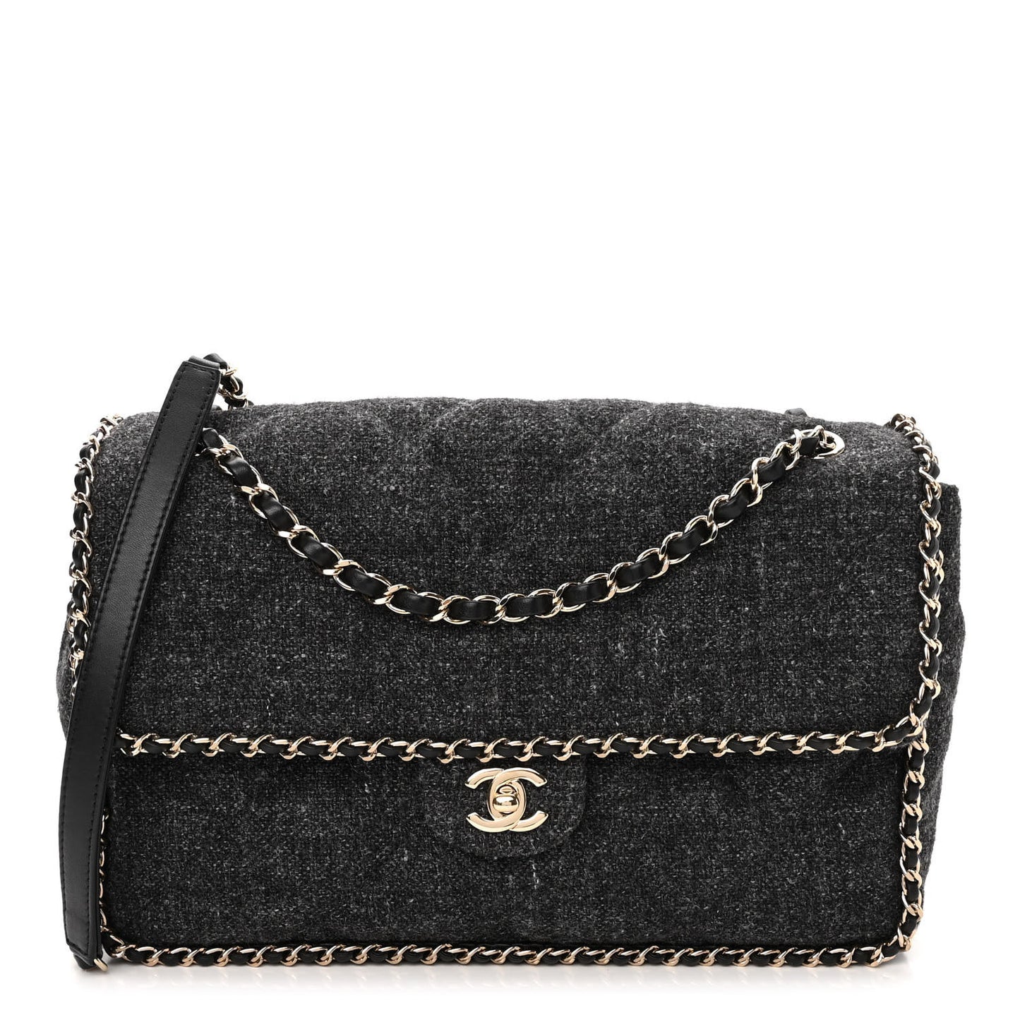 Wool Tweed Quilted Coco Neige Chain Around Flap Black