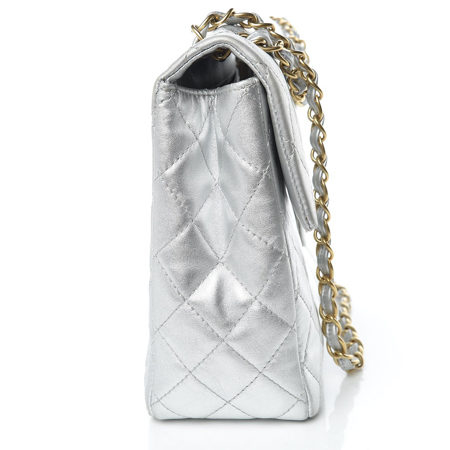 Metallic Lambskin Quilted Maxi Single Flap Silver