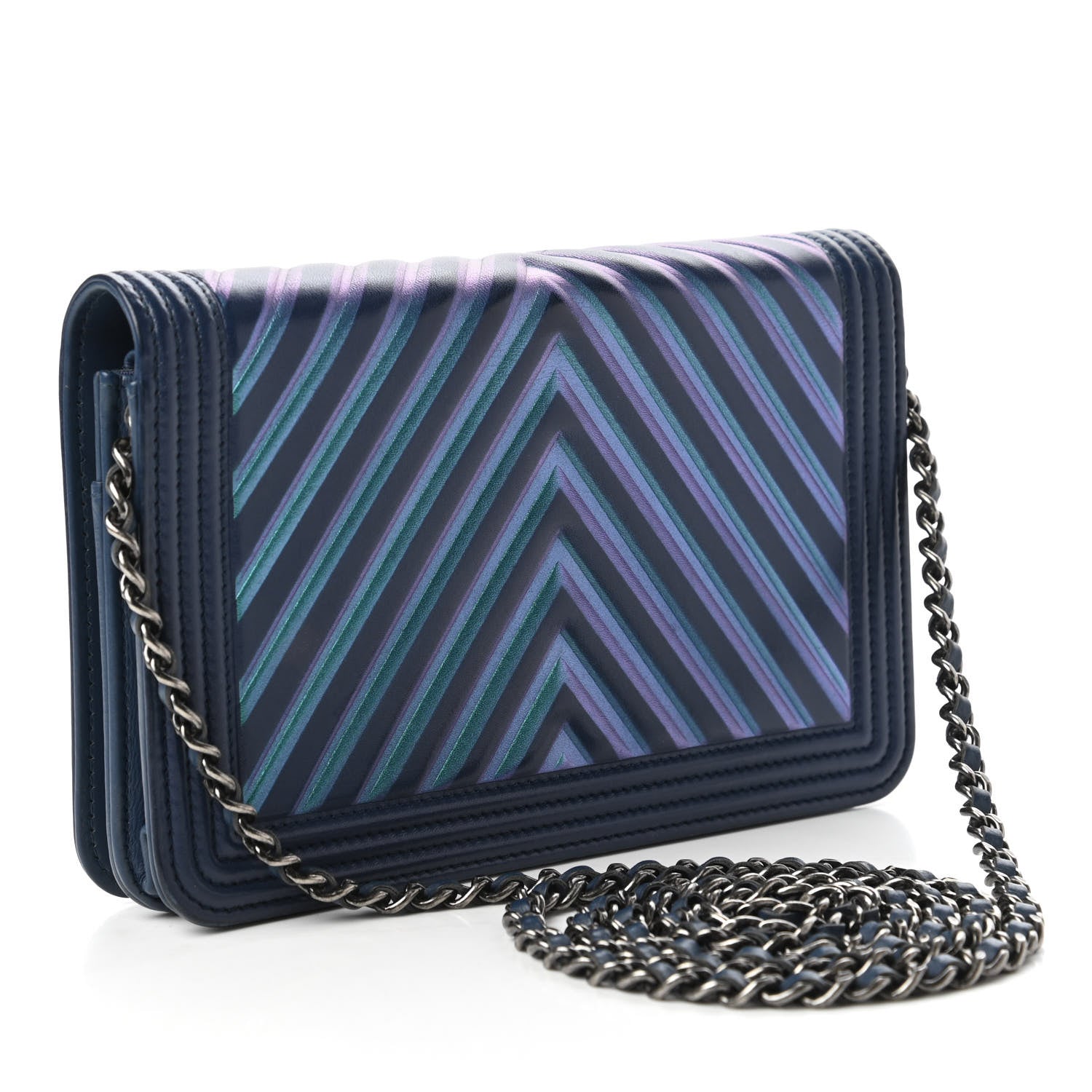 Chanel Calfskin Painted Chevron Embossed Boy Wallet On Chain WOC Navy 3 of 13
