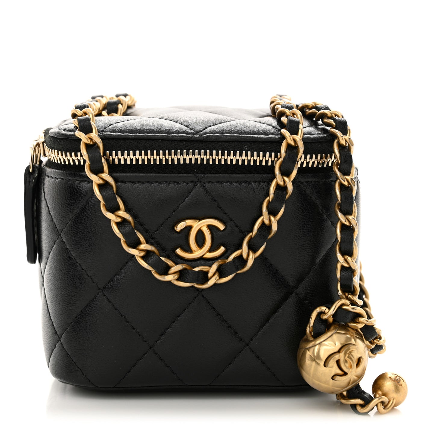 Lambskin Quilted Mini Pearl Crush Vanity Case With Chain Black