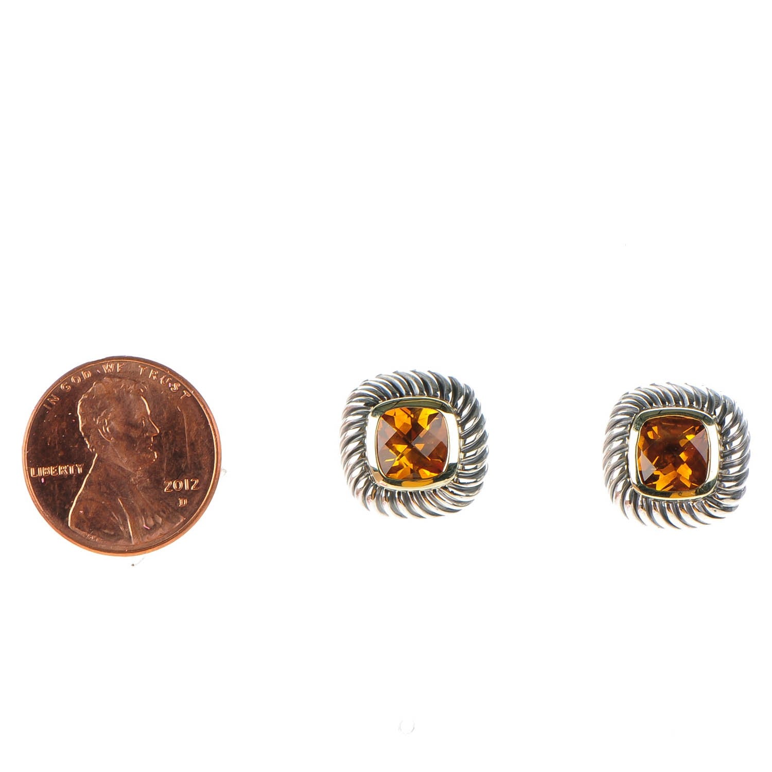 David Yurman Sterling Silver 14K Yellow Gold Citrine 7mm Albion Cable Earrings 2 of 5