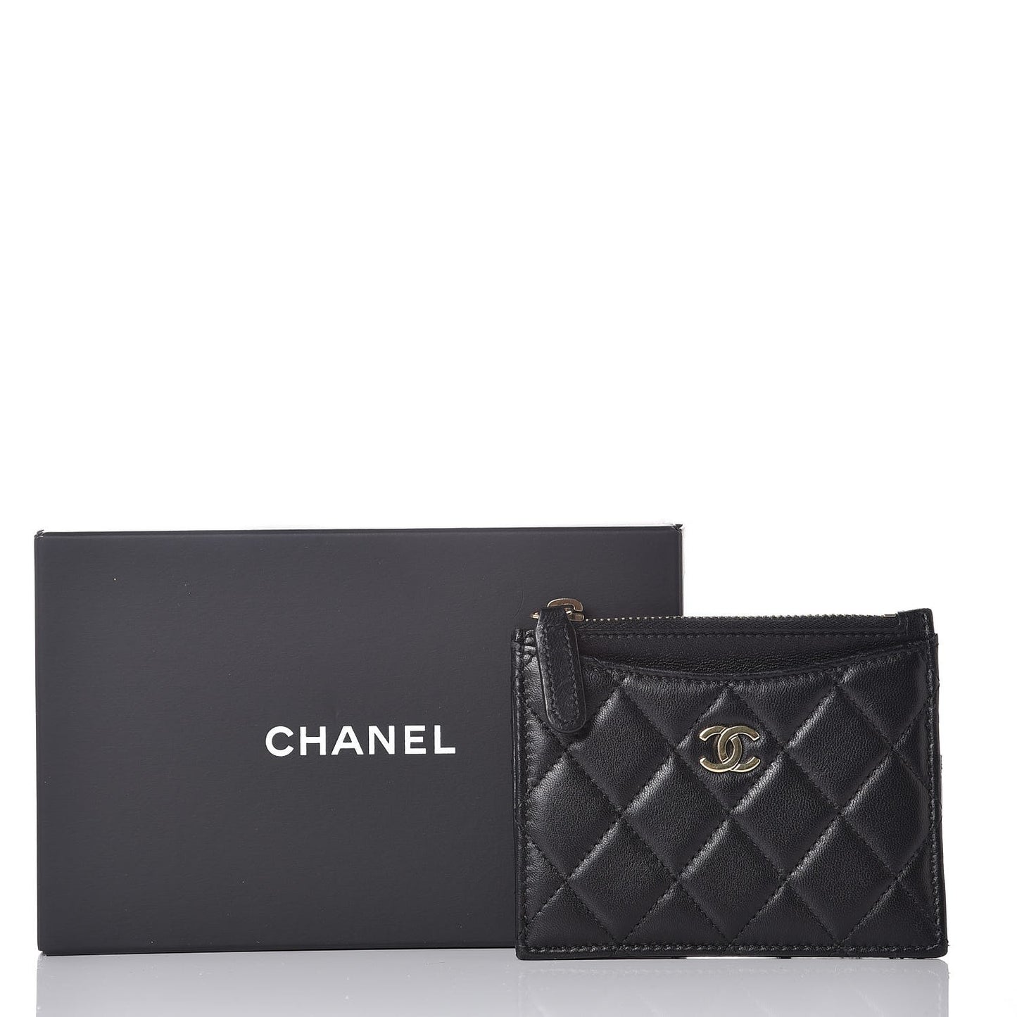 Lambskin Quilted Zip Card Holder Black
