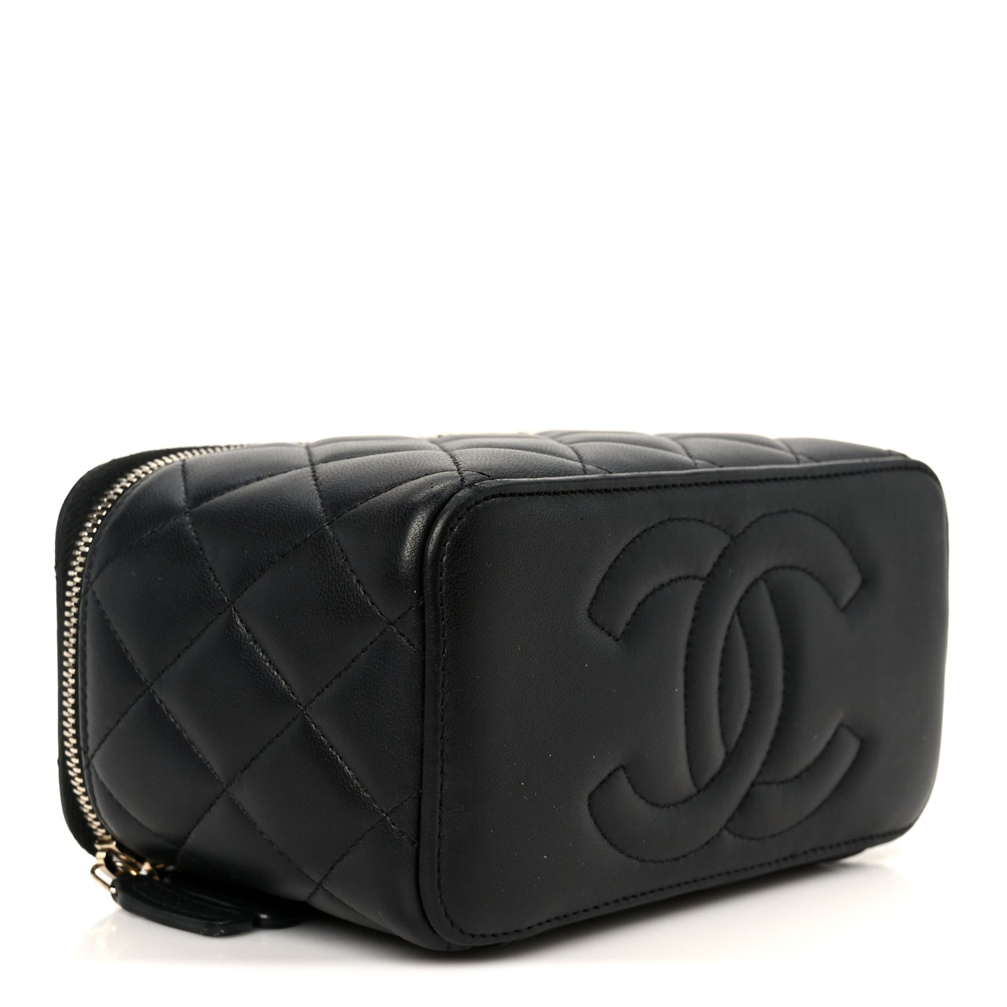 Lambskin Quilted Small Top Handle Vanity Case With Chain Black