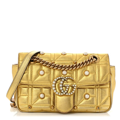 Gucci Metallic Calfskin Matelasse Studded Mini Pearly GG Marmont Shoulder Bag Gold 1 of 13