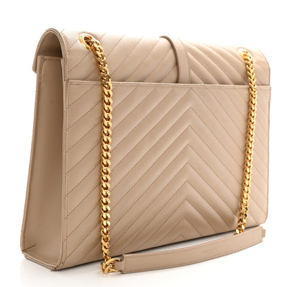 Saint Laurent Grain De Poudre Matelasse Chevron Large Monogram Satchel Dark Beige 3 of 13