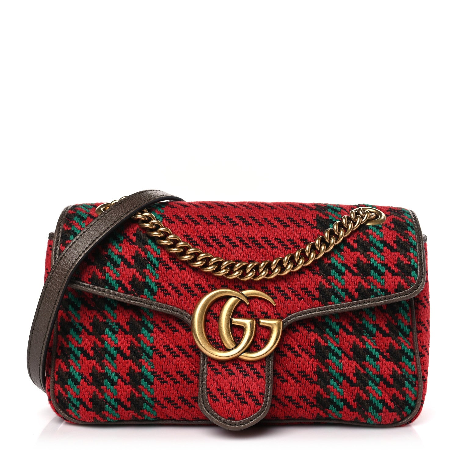 Gucci Wool Tweed Textured Dollar Calfskin Matelasse Diagonal Plaid Small GG Marmont Shoulder Bag Red Green Multicolor New Acero 1 of 9