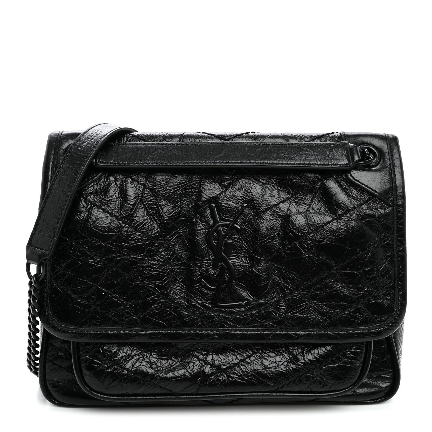 Crinkled Calfskin Matelasse Monogram Baby Niki Chain Satchel Black