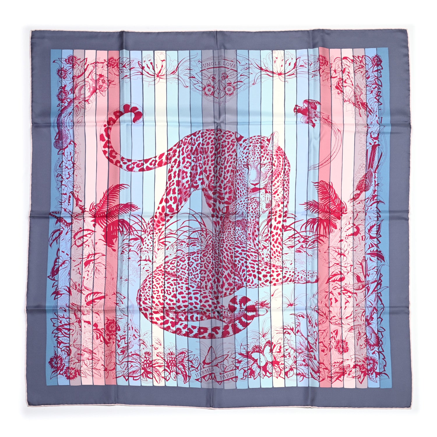 Hermes Silk Jungle Love Rainbow Scarf 90 Bleu Rose Gris 1 of 5