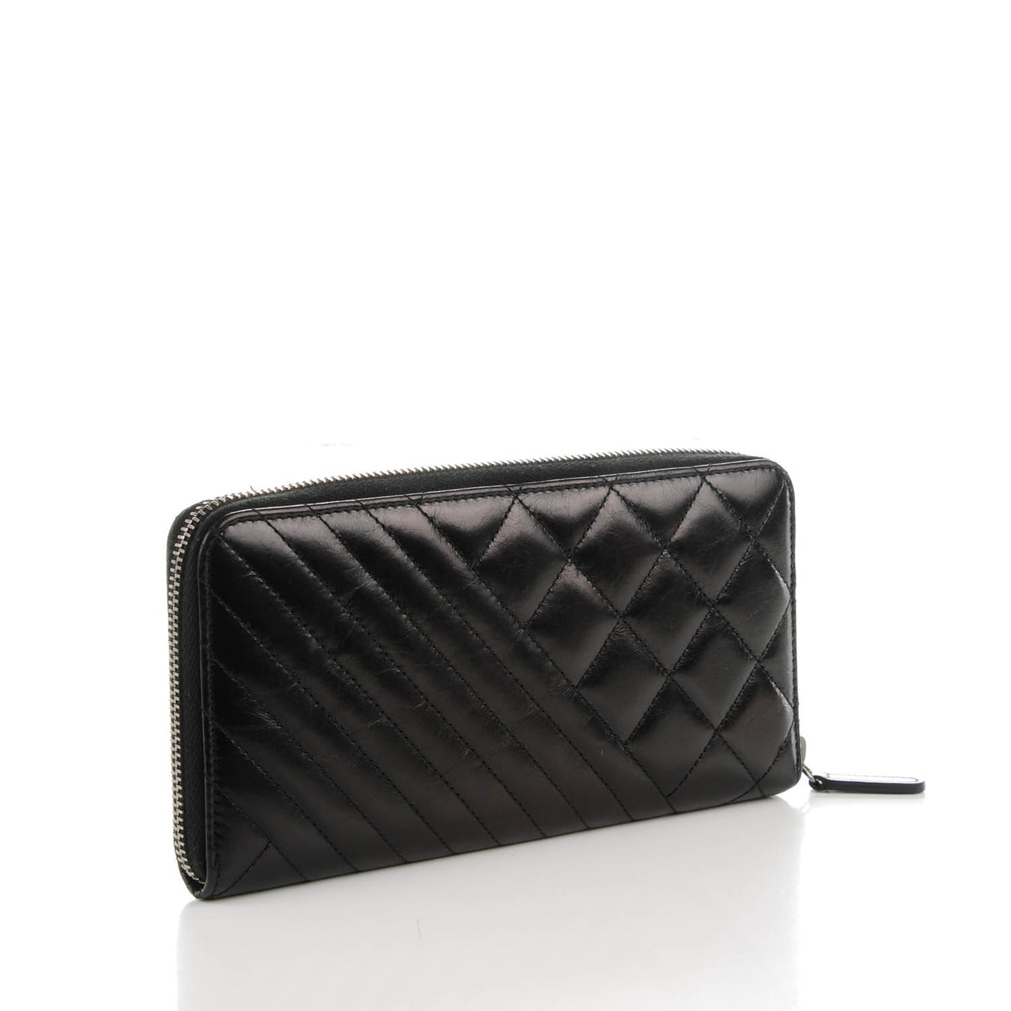 Glazed Calfskin Coco Boy Large Gusset Zip Around Wallet Black