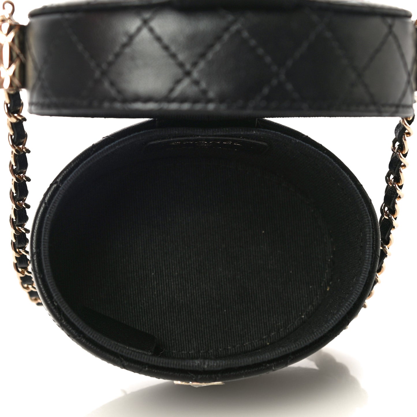 Lambskin Quilted Mini Round Vanity Case With Chain Black