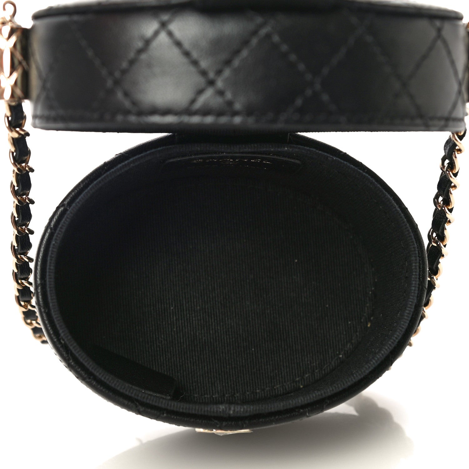 Chanel Lambskin Quilted Mini Round Vanity Case With Chain Black 4 of 14