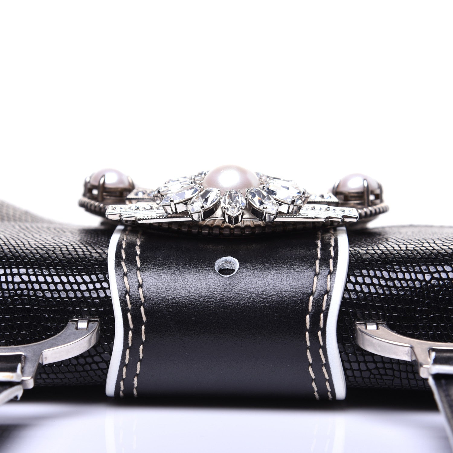 Miu Miu Embossed Lizard Calfskin Crystal Embellished Saint Lucertola Shoulder Bag Black 11 of 14