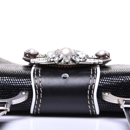 Miu Miu Embossed Lizard Calfskin Crystal Embellished Saint Lucertola Shoulder Bag Black 11 of 14