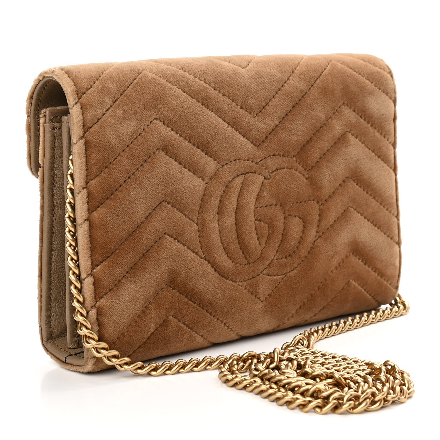 Gucci Velvet Matelasse GG Marmont Chain Wallet Taupe 3 of 11