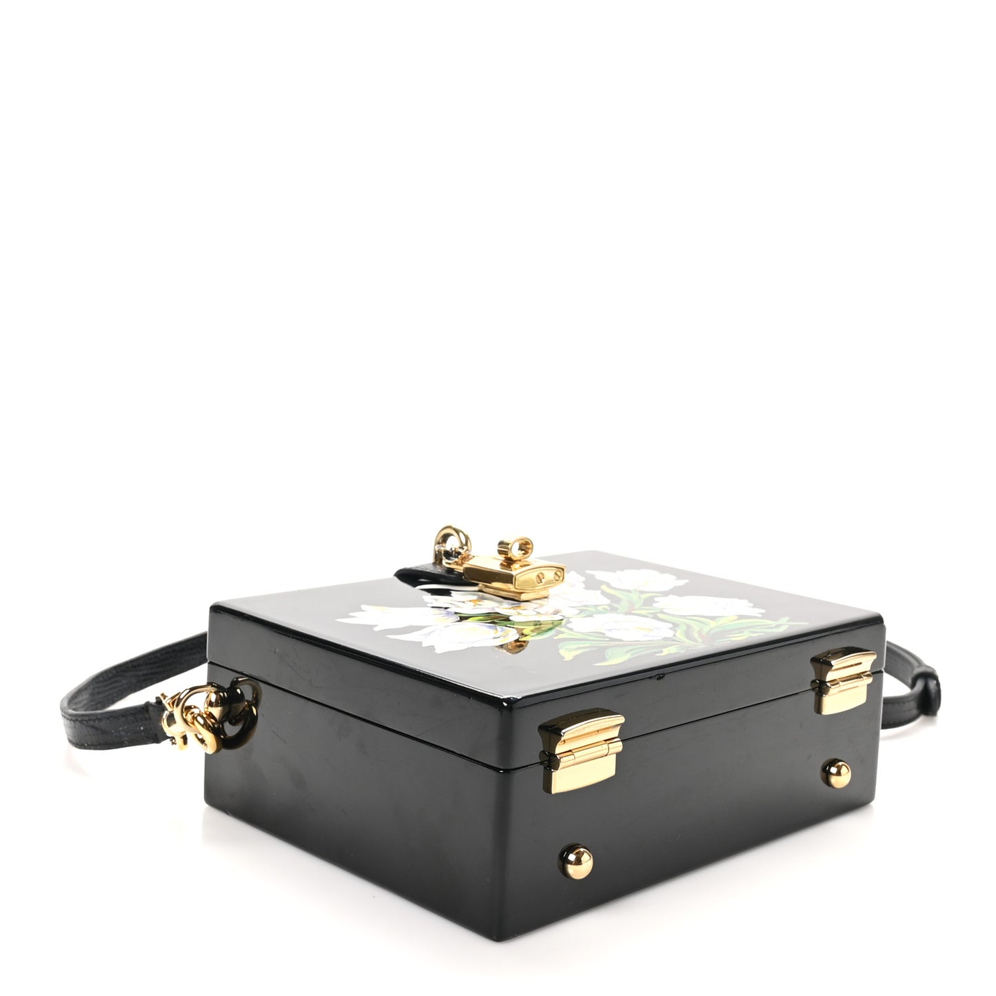 Plexiglass Calfskin Lizard Embossed Floral Box Bag Black