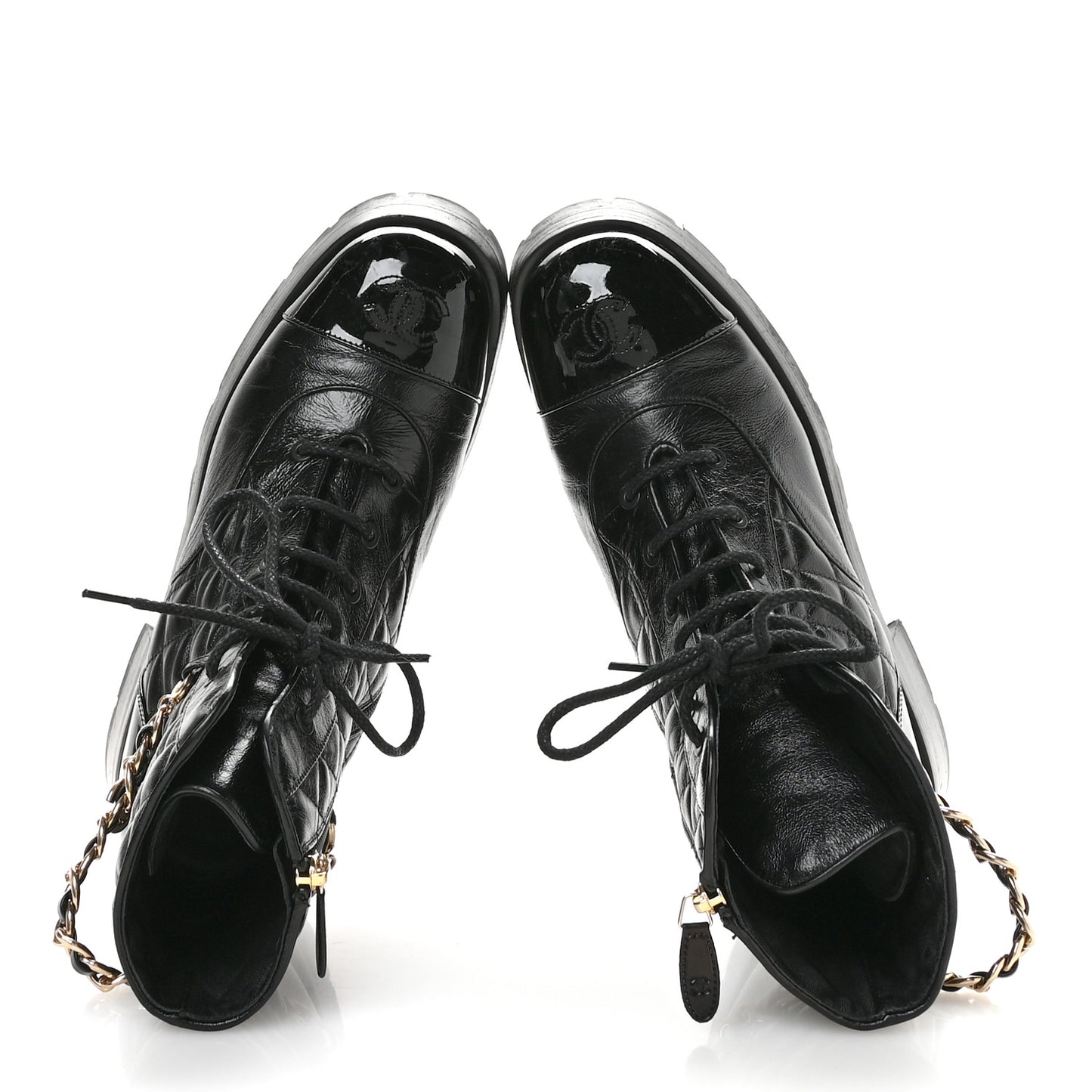 Shiny Calfskin Patent Quilted Chain Lace Up Combat Boots 40 Black