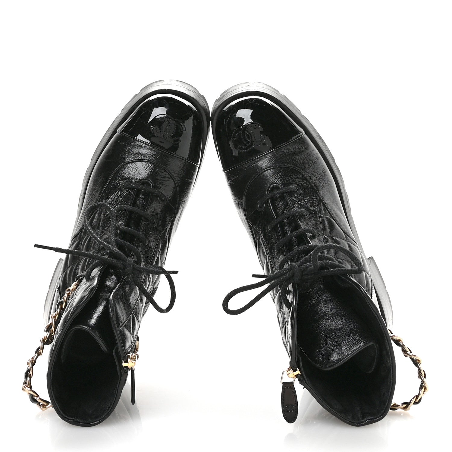 Chanel Shiny Calfskin Patent Quilted Chain Lace Up Combat Boots 40 Black 2 of 10