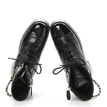 Chanel Shiny Calfskin Patent Quilted Chain Lace Up Combat Boots 40 Black 2 of 10