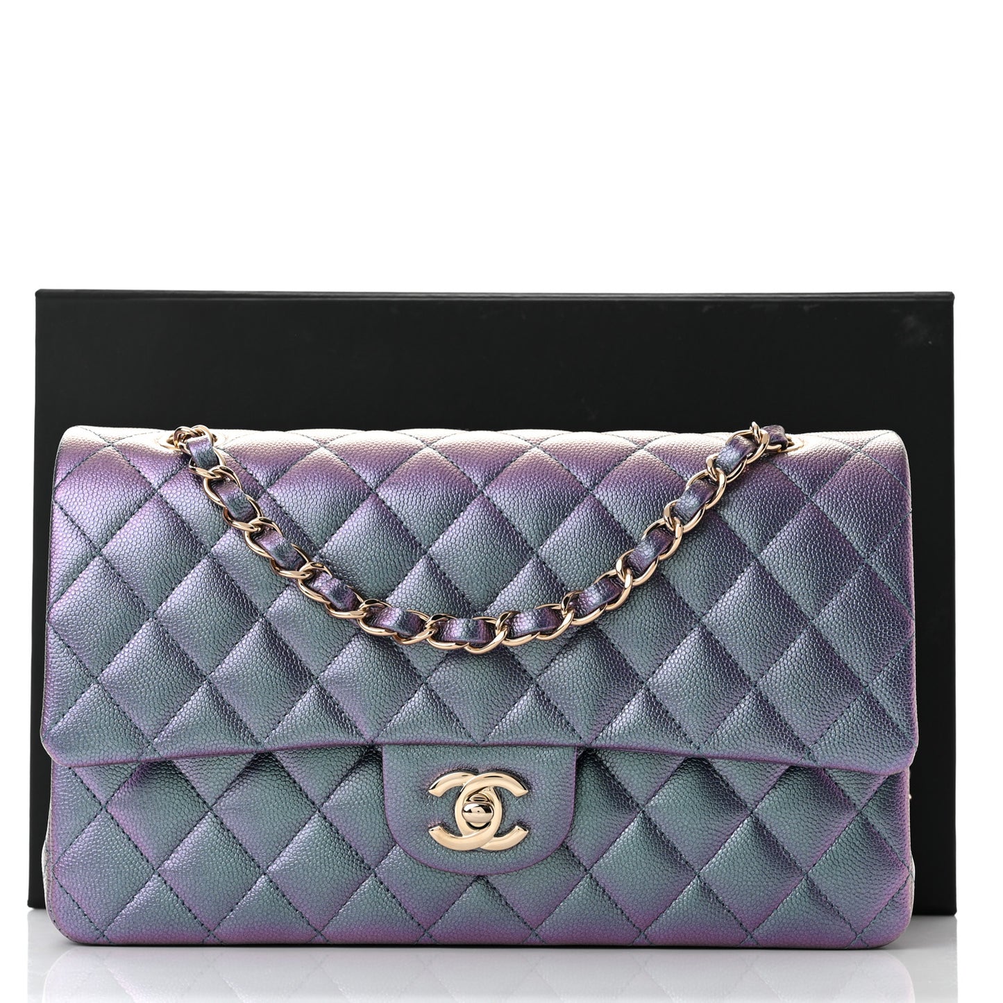Iridescent Caviar Quilted Medium Double Flap Dark Blue