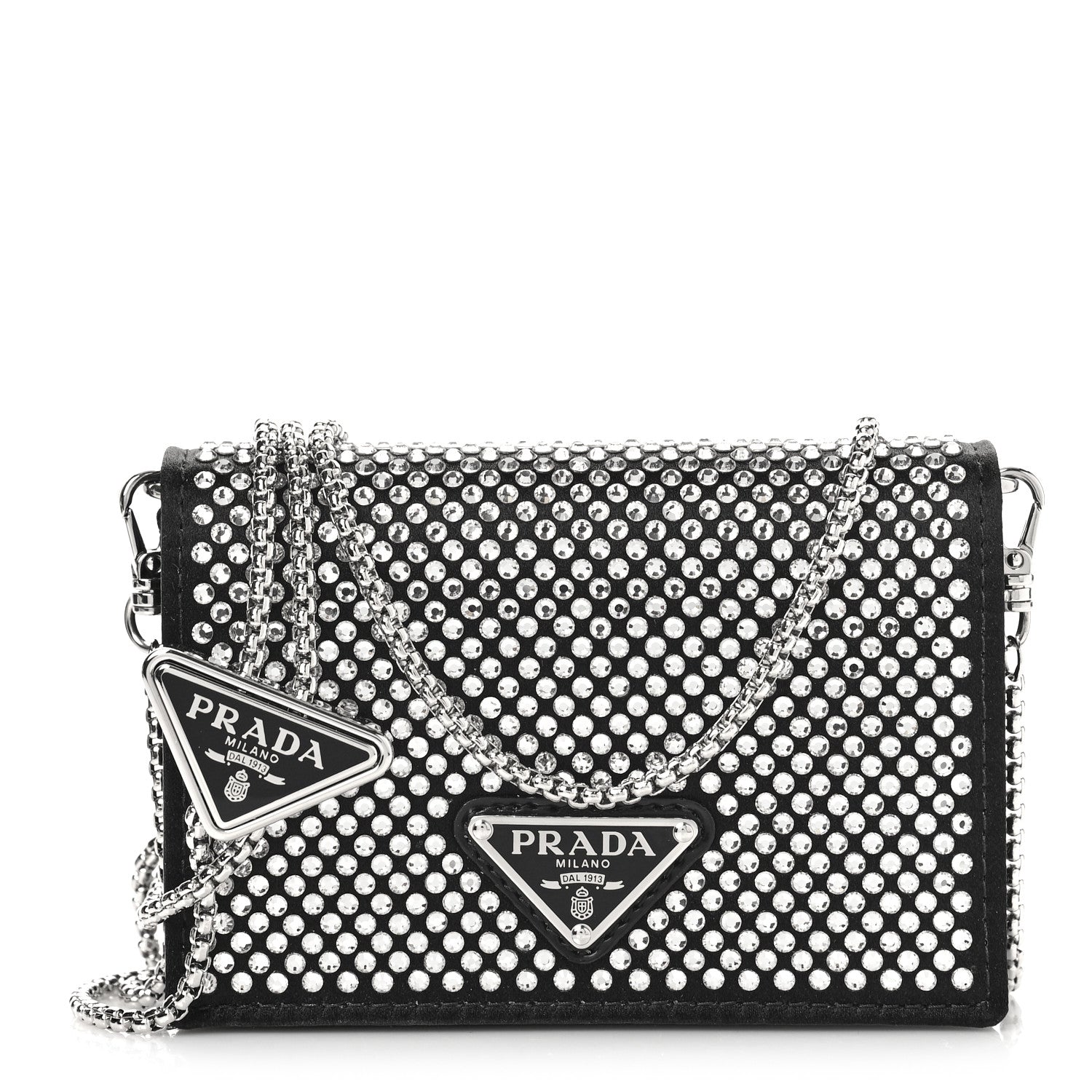 Prada Satin Crystal Metal Triangle Logo Card Holder With Strap Cristal 1 of 9