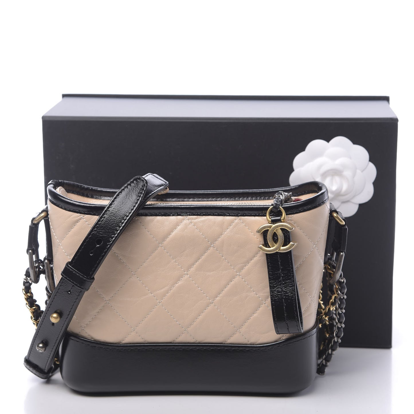 Aged Calfskin Quilted Small Gabrielle Hobo Beige Black