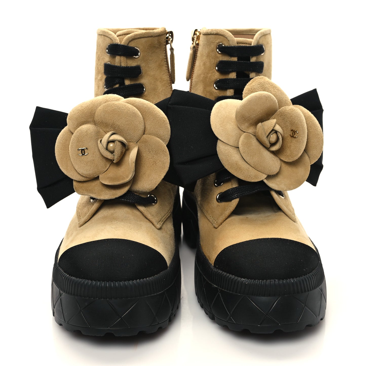 Suede Grosgrain Cap Toe CC Camellia Lace Up Combat Boots 38.5 Beige Black