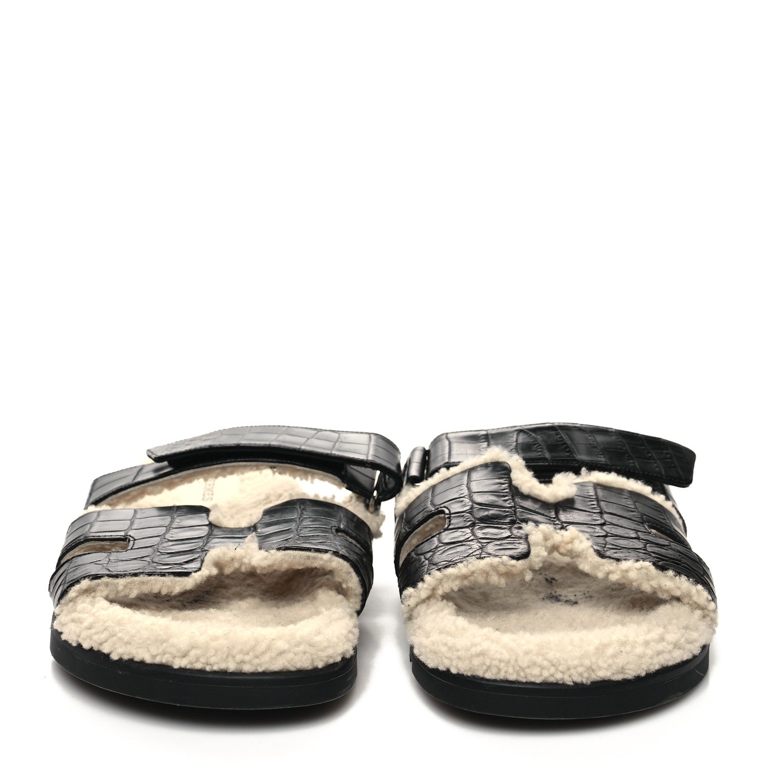 Hermes Matte Alligator Shearling Mens Chypre Sandals 43 Black Ecru 2 of 8