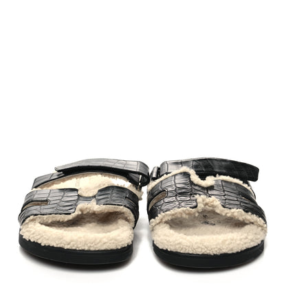 Hermes Matte Alligator Shearling Mens Chypre Sandals 43 Black Ecru 2 of 8