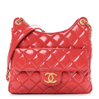 Chanel Shiny Crumpled Calfskin Quilted Wavy CC Hobo Red 1 of 10